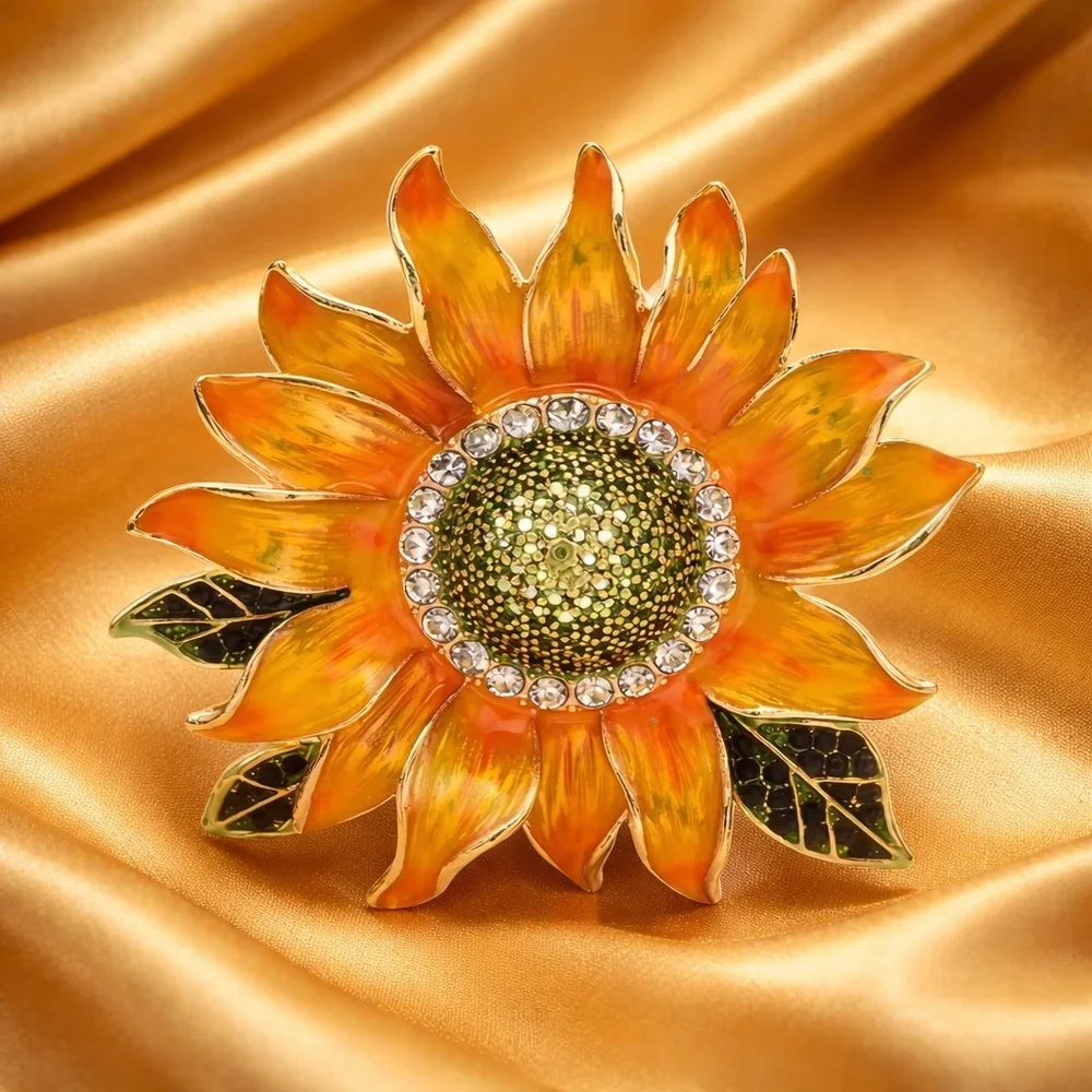 Floral Sunflower Brooch Pin – Crystal Rhinestone Flower Jewelry